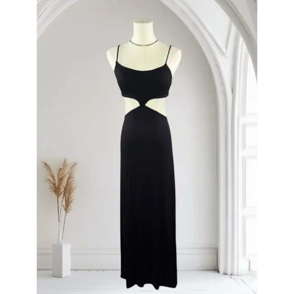 FP Beach Piper Midi Dress Black Cutout Waist Spaghetti Strap XS Sexy Boho